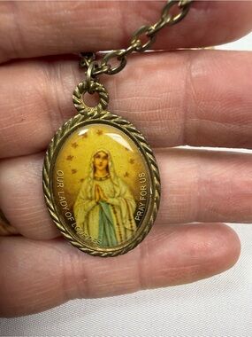 Our Lady of Lourdes Medal Necklace in Antique Gold